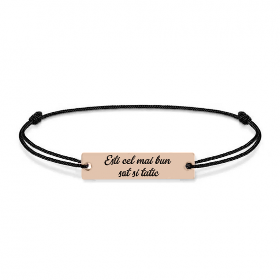 Bratara argint tablita 30 mm si snur negru - personalizata cu text - placat cu aur roz